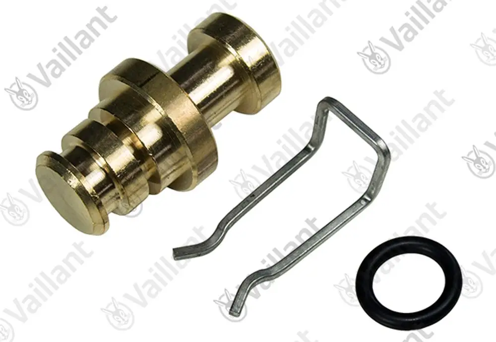Vaillant Metallstopfen mit O-Ring und Halteclip, passend für spezifische Heizungs- oder Wasserversorgungssysteme.